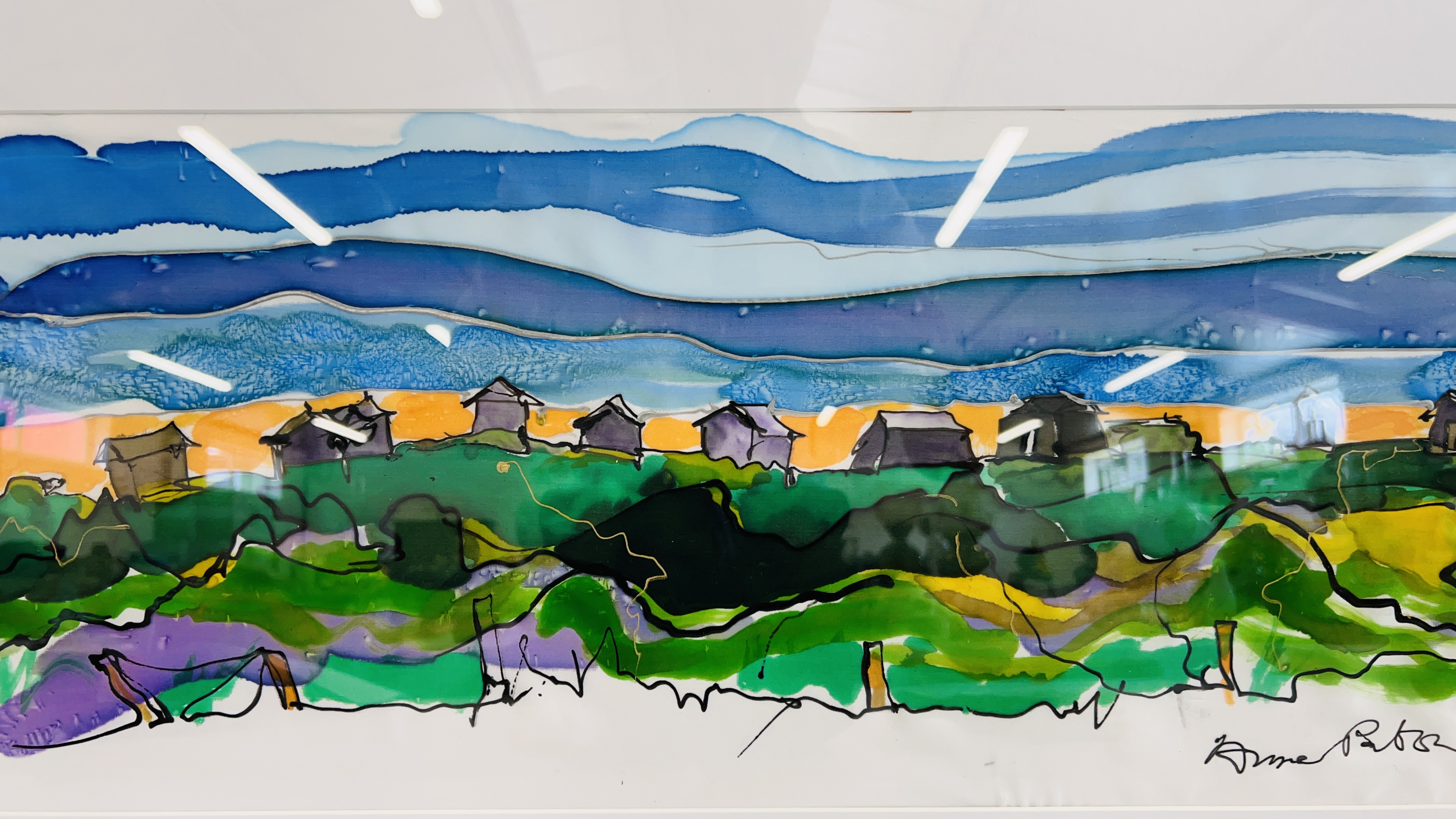 ANNE PATON INK ON SILK ORIGINAL "BEACH HUTS" FRAMED AND MOUNTED 60.5CM X 28CM. - Image 2 of 4