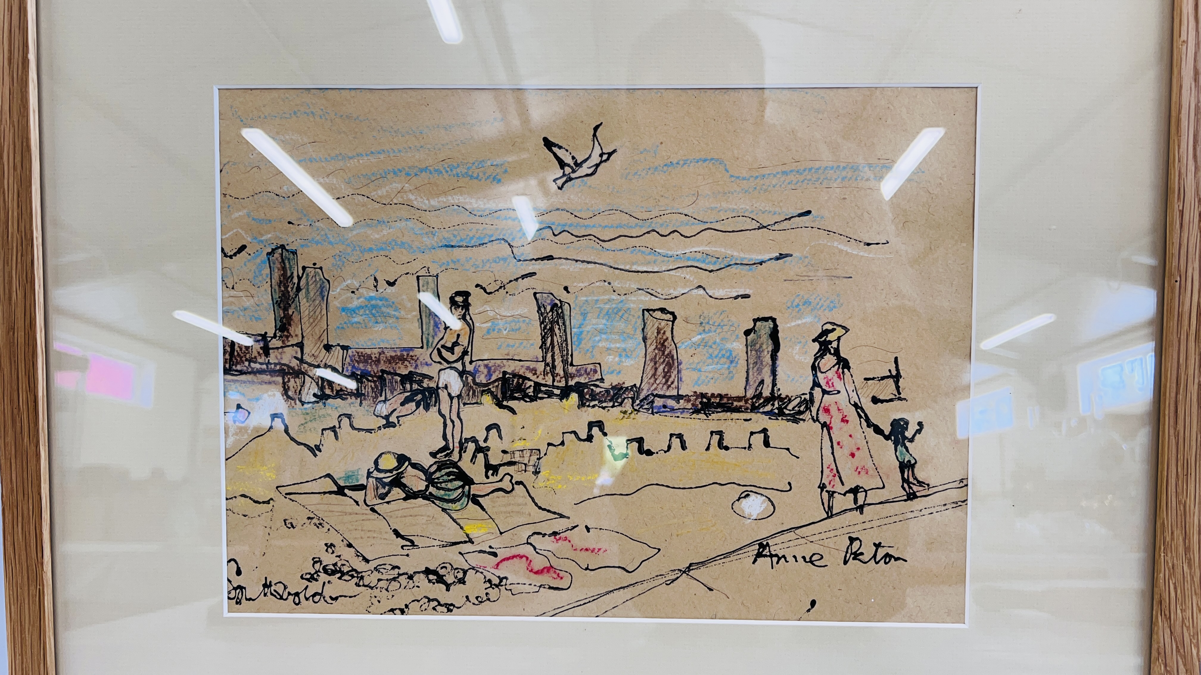 TWO ANNE PATON INK ON PAPER COASTAL SCENES INCLUDING SOUTHWOLD AND THE ROUGHS FRAMED AND MOUNTED, - Image 2 of 5