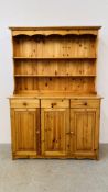 MODERN HONEY PINE COUNTRY DRESSER. W 124CM. D 43CM. H 182CM.