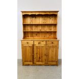 MODERN HONEY PINE COUNTRY DRESSER. W 124CM. D 43CM. H 182CM.