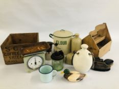 A COLLECTION OF VINTAGE KITCHENALIA AND BYGONES TO INCLUDE SHOE SHINE BOX, STONEWARE JARS,
