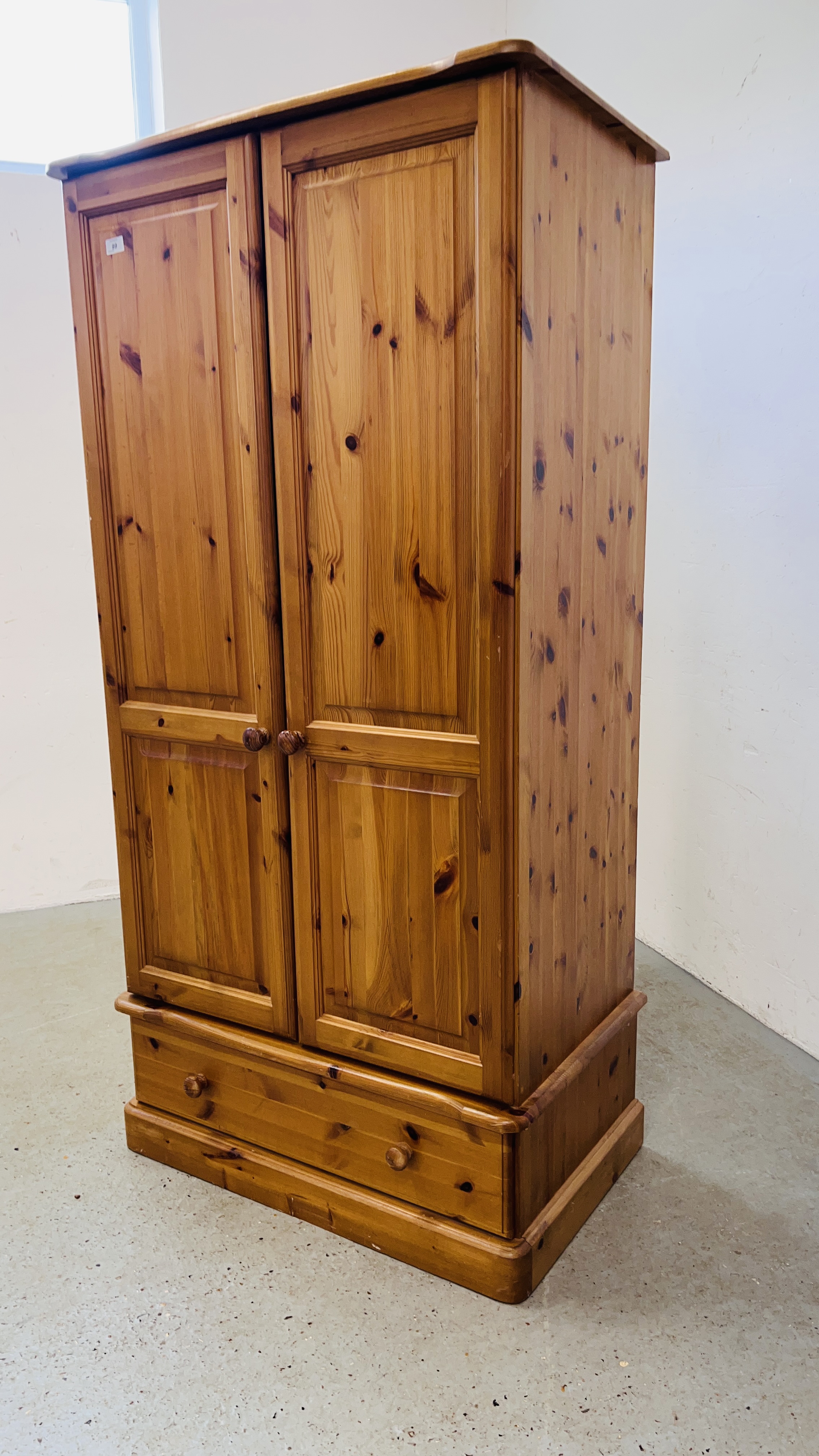 A HONEY PINE 2 DOOR SINGLE DRAWER WARDROBE. W 85CM. D 53CM. H 174CM. - Image 4 of 6