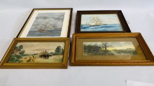 WATERCOLOUR OF SAILING SHIP SIGNED ELLIOT, PASTEL OF SAILING SHIP SIGNED P JOSLIN AND 2 PRINTS.