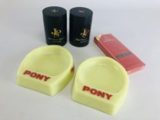 TWO "JOHN PLAYER SPECIAL" STORAGE CANISTERS ALONG WITH 2 GLASS "PONY" ADVERTISING ASHTRAYS AND A