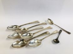 A SET OF 6 ANTIQUE SILVER TEASPOONS + A FURTHER TWO UNRELATED EXAMPLES.