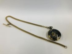 A REPRODUCTION SKELETON POCKET WATCH AND CHAIN.