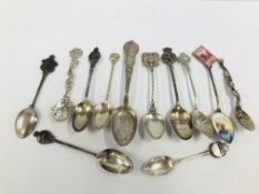 GROUP OF ELEVEN VARIOUS SILVER SOUVENIR SPOONS INCLUDING ONE WITH ENAMELLED DECORATION BRITISH