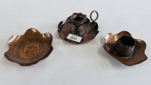 A GROUP OF 3 COPPER PIECES FROM NELSON'S FLAG SHIP "MADE FROM FOUDROYANT COPPER" 12CM DIAMETER.
