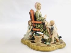 A LARGE CAPODIMONTE FIGURE BY SANDRO MAGGIONI MODELLED IN THE FROM OF A LADY SEWING SEATED ON A