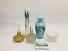 A GROUP OF ART GLASS TO INCLUDE VASES AND TWO PERFUME BOTTLES, ONE BEING AN ITALIAN EXAMPLE.