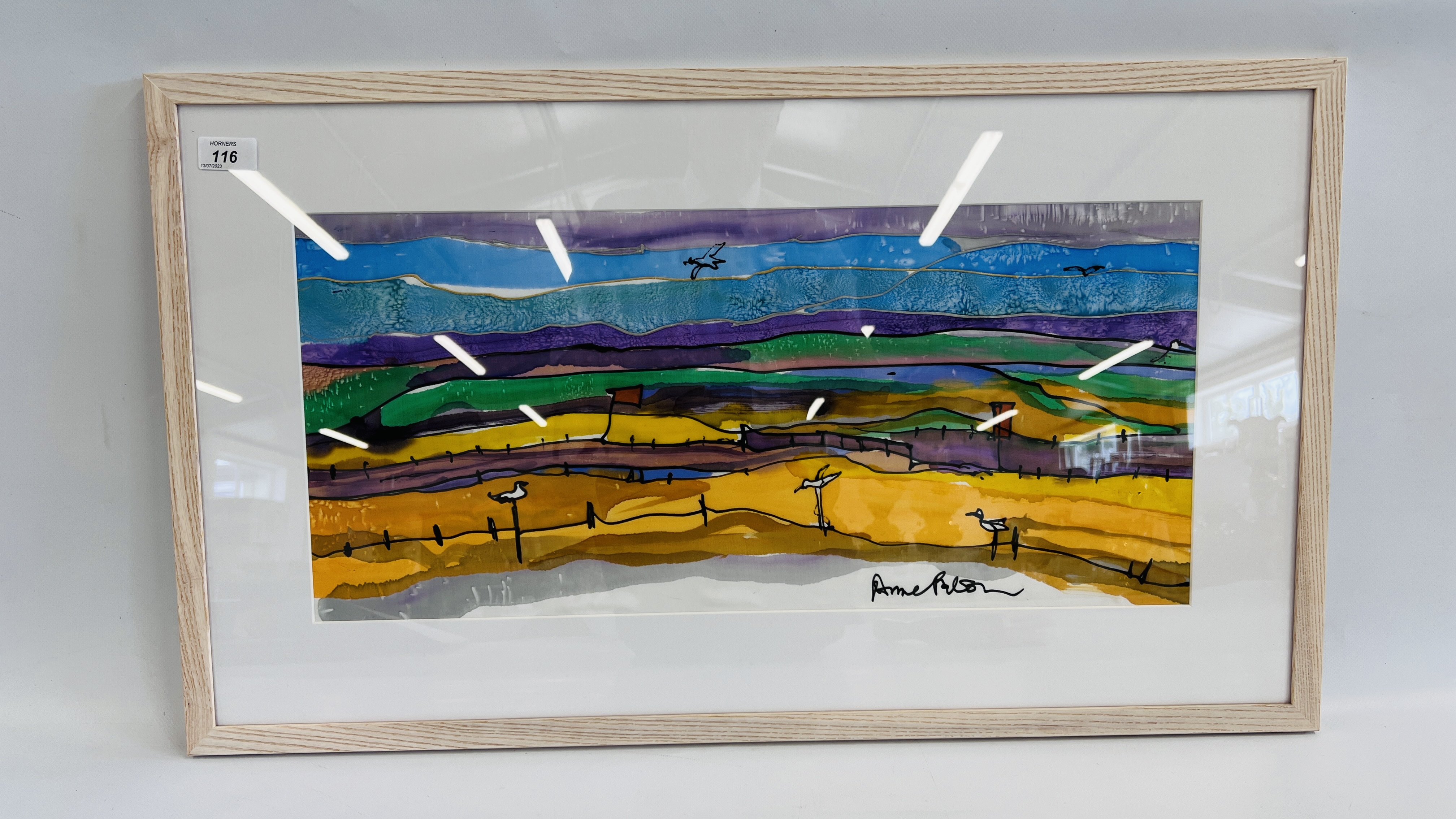 ANNE PATON INK ON SILK ORIGINAL BEACH SCENE FRAMED AND MOUNTED 60.5CM X 28CM.