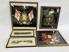 3 FRAMED REGIMENTAL SILK PICTURES ALONG WITH 2 FRAMED PICTURES DEPICTING SKIING IN THE MOUNTAIN