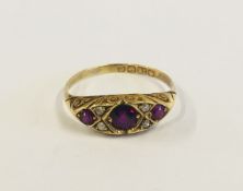 AN ANTIQUE 18CT GOLD RUBY AND DIAMOND GYPSY RING, BIRMINGHAM ASSAY.