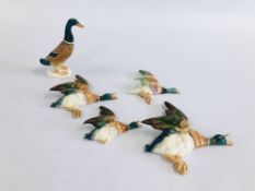 THREE BESWICK FLYING DUCKS (1 A/F) + ONE SIMILAR EXAMPLE ALONG WITH A BESWICK DUCK ORNAMENT.