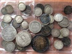 TUB OF ENGLISH PRE 1920 SILVER COINS, FACE APPROX 0.90.