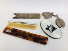 A VINTAGE SILVER ENAMELED BACKED MIRROR AND MATCHING COMB, SILVER CASE,