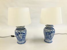 A PAIR OF BLUE AND WHITE LAMPS - SOLD AS SEEN.