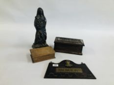 A VINTAGE HAND CARVED WOODEN MODEL OF VIRGIN AND CHILD ALONG WITH A CARVED OAK BOX,
