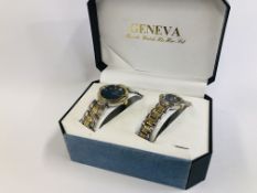 A BOXED "GENEVA" QUARTZ WATCH HIS AND HER SET.