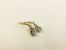 A PAIR OF BLUE TOPAZ AND DIAMOND 9CT GOLD DROP EARRINGS.