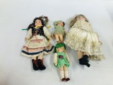 AN ANTIQUE CHINA GERMAN DOLL ALONG WITH 3 OTHERS.