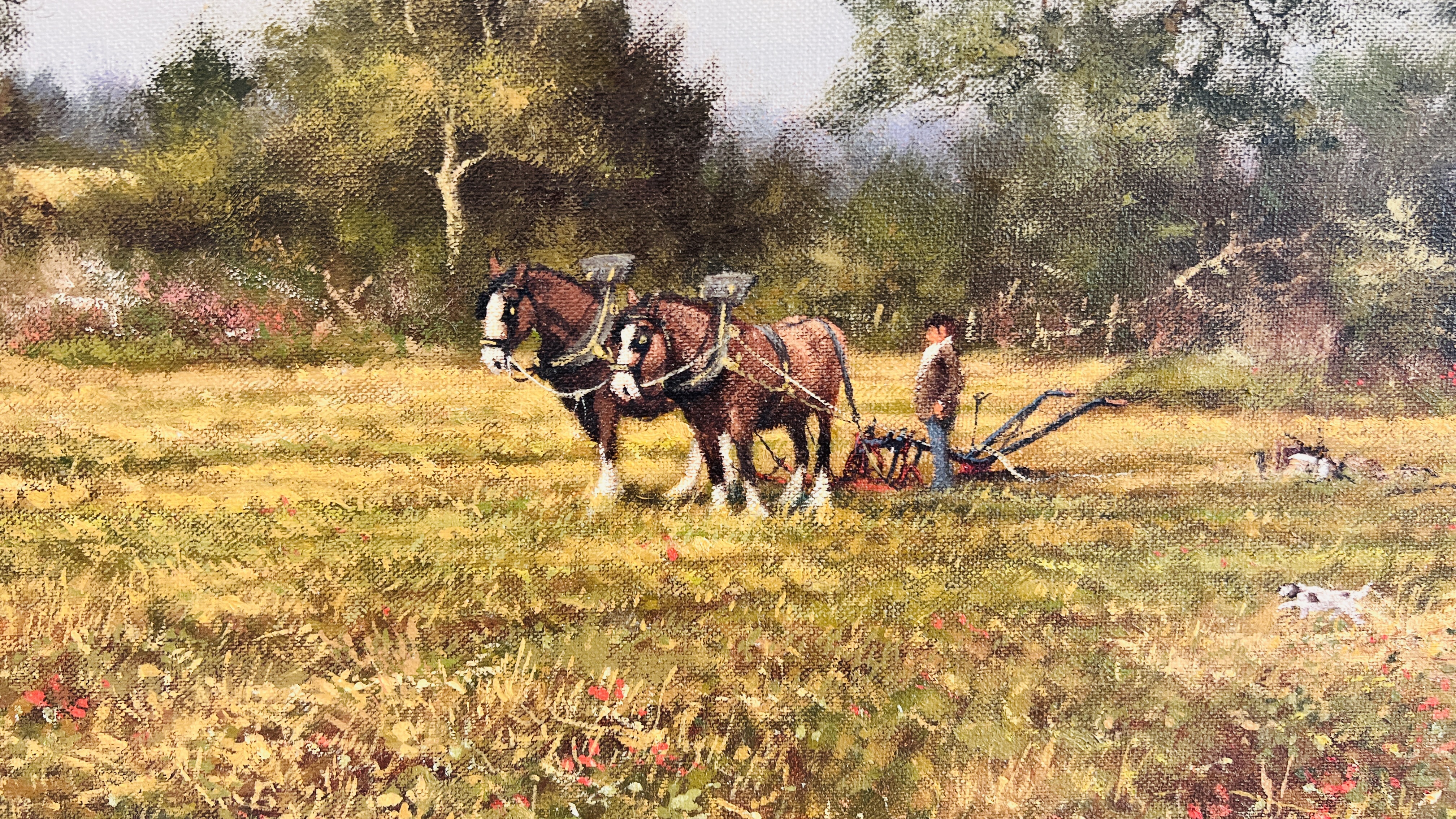 JAMES WRIGHT - "PLOUGHING" OIL ON CANVAS IN GILT FRAME, SIGNED, 75 X 60CM. - Image 3 of 4