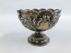 A VICTORIAN SILVER FOOTED ROSE BOWL THE WAVY RIM ABOVE SCROLLED LEAF DECORATION,