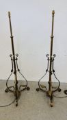 A PAIR OF VICTORIAN BRASS STANDARD LAMPS CONVERTED FROM OIL LAMP STANDS - SOLD AS SEEN.