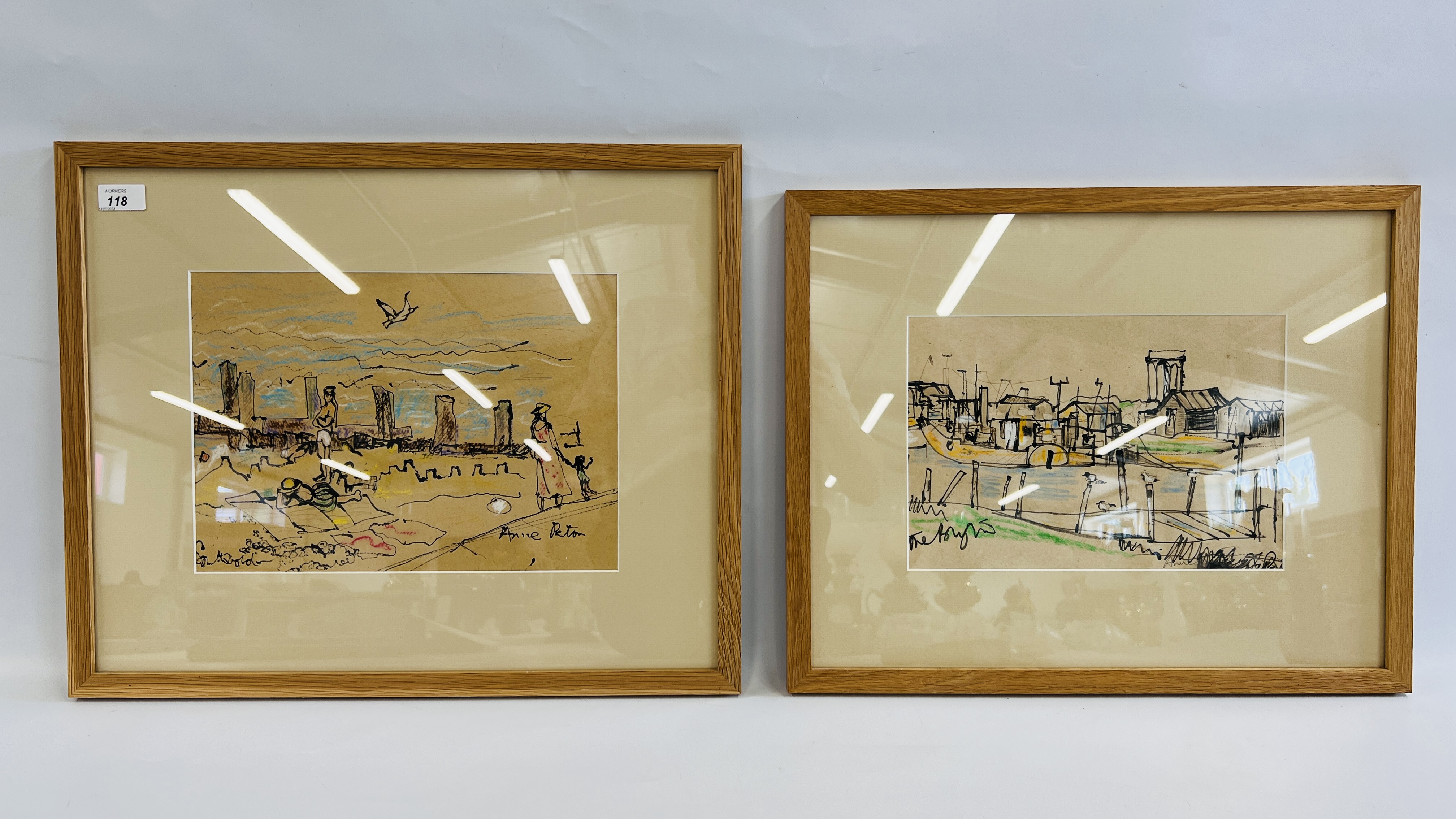 TWO ANNE PATON INK ON PAPER COASTAL SCENES INCLUDING SOUTHWOLD AND THE ROUGHS FRAMED AND MOUNTED,