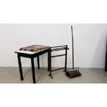 A VINTAGE ENAMEL TOP KITCHEN TABLE W 84CM L 54CM H 76CM ALONG WITH A VINTAGE EWBANK SWEEPER,