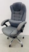 A GREY UPHOLSTERED ADJUSTABLE OFFICE CHAIR BY "CHERRY TREE FURNITURE".