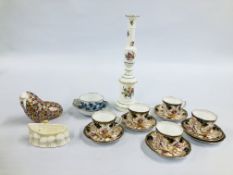 A ROYAL CROWN DERBY WALRUS PAPER WEIGHT ALONG WITH CROWN DERBY CUPS AND SAUCER, MISON CUP, SAUCER,