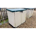 A KETER PLASTIC GARDEN STORAGE BUNKER WITH HINGED TOP AND DOUBLE HINGED DOORS W 145CM D 83CM H