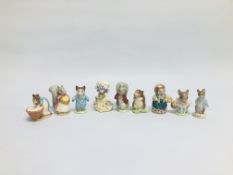 A COLLECTION OF 9 BESWICK BEATRIX POTTER COLLECTORS FIGURES TO INCLUDE GOODY TIPTOES, LADY MOUSE,