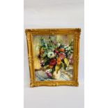 STILL LIFE OF FLOWERS - OIL ON BOARD IN GILT FRAME, AFTER DOROTHEA SHARP, SIGNED ON REVERSE 1989,