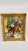 STILL LIFE OF FLOWERS - OIL ON BOARD IN GILT FRAME, AFTER DOROTHEA SHARP, SIGNED ON REVERSE 1989,