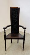 A CRAVED OAK CHAIR IN C17th STYLE.