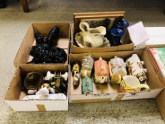 5 X BOXES OF SUNDRIES TO INCLUDE A JUG AND BOWL, PAIR OF CANDLESTICKS, BOXED LIGHT FITTINGS,
