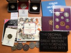 GB COINS BOX WITH PROOF SETS 1970 (2), 1971, 1977, MODERN £2 AND £5 COMMEMORATIVES FACE £24,