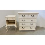 A WHITE PAINTED 2 OVER 3 DRAWER CHEST ALONG WITH WHITE PAINTED SINGLE DRAWER BEDSIDE TABLE.