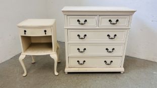 A WHITE PAINTED 2 OVER 3 DRAWER CHEST ALONG WITH WHITE PAINTED SINGLE DRAWER BEDSIDE TABLE.