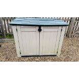 A KETER PLASTIC GARDEN STORAGE BUNKER WITH HINGED TOP AND DOUBLE HINGED DOORS W 162CM D 91CM H