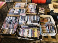 EIGHT BOXES OF MIXED DVD'S, CD'S, CASSETTES ETC.