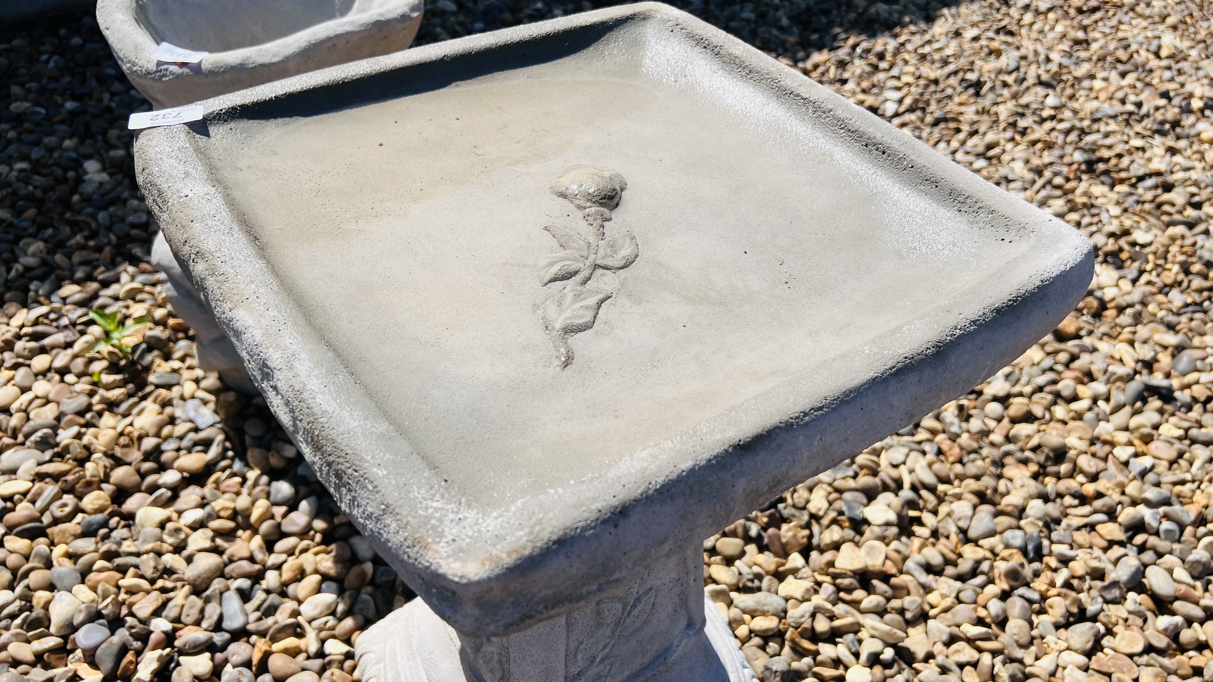 A SQUARE STONEWORK GARDEN BIRD BATH WITH RELIEF ROSE DECORATION, HEIGHT 52CM. - Image 2 of 3