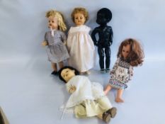 A GROUP OF FIVE VINTAGE DOLLS TO INCLUDE PEDIGREE.