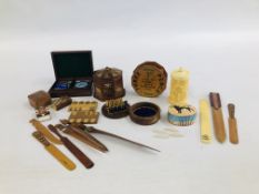 A GROUP OF COLLECTIBLES TO INCLUDE HARDWOOD TRINKET BOXES, GAMES COUNTERS,