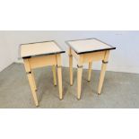 A PAIR OF HANDMADE ACRYLIC AND STAINLESS STEEL SIDE TABLES 47.5CM X 42.5CM X 69.5CM.