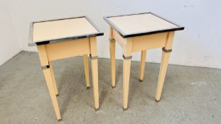 A PAIR OF HANDMADE ACRYLIC AND STAINLESS STEEL SIDE TABLES 47.5CM X 42.5CM X 69.5CM.