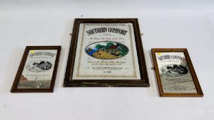 A FRAMED "SOUTHERN COMFORT" ADVERTISING MIRROR, W 50CM X H 60CM + TWO SIMILAR SMALLER EXAMPLES,
