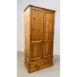 A HONEY PINE 2 DOOR SINGLE DRAWER WARDROBE. W 85CM. D 53CM. H 174CM.